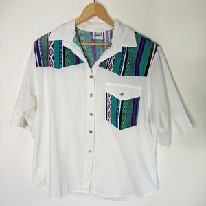 Vintage Tap & Co Western Aztec Retro Button Up Short Sleeve Top White Women L